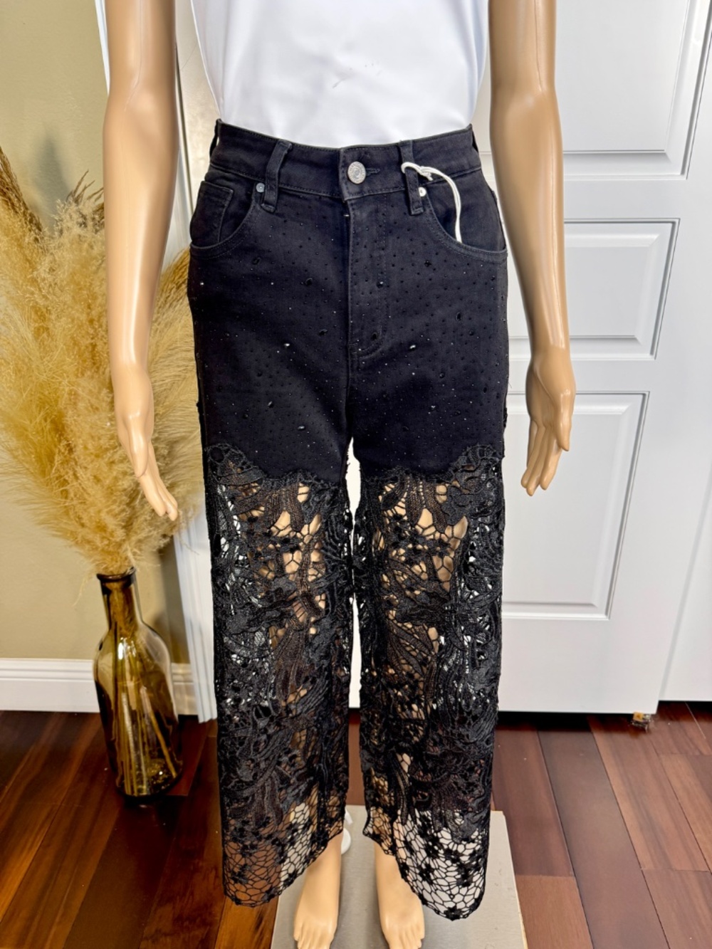 BLACK HIGH WAIST CRYSTAL EMBELLISHED CURVE HUGGING WIDE LEG LACE JEANS - Picture 4 of 12
